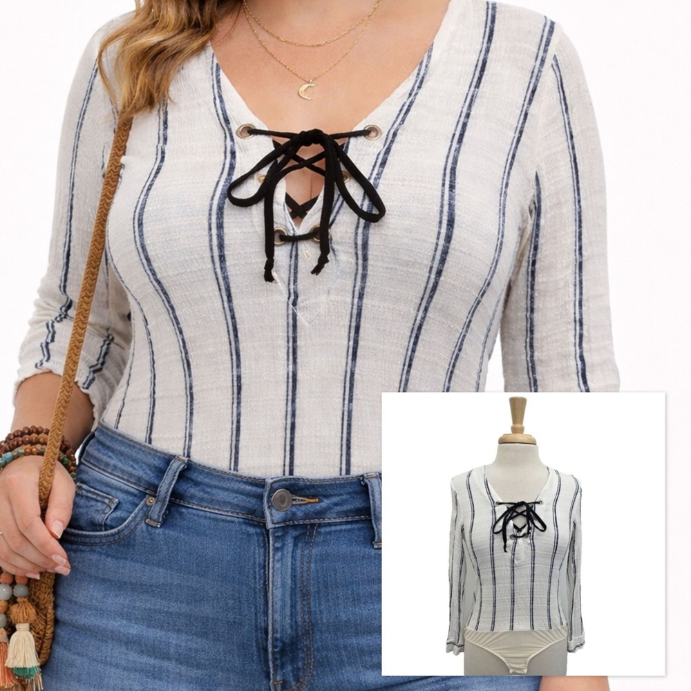 Free People Intimately Womens S Bodysuit Lace Up Striped Long Sleeve Boho Casual